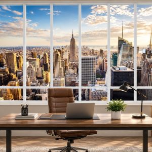 Tranh cửa sổ dán tường phòng làm việc thành phố new york hiện đại 35046