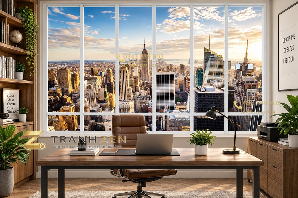 Tranh cửa sổ dán tường phòng làm việc thành phố new york hiện đại 35046