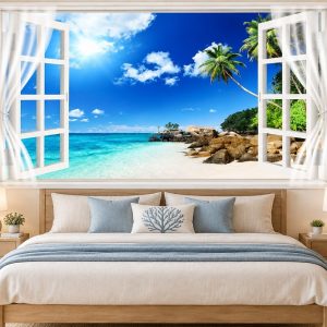 Tranh cửa sổ dán tường phòng ngủ bãi biển nhiệt đới cây dừa 40488