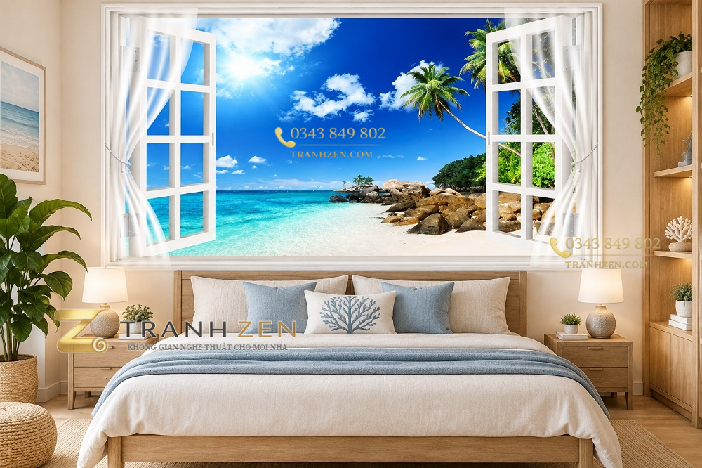 Tranh cửa sổ dán tường phòng ngủ bãi biển nhiệt đới cây dừa 40488