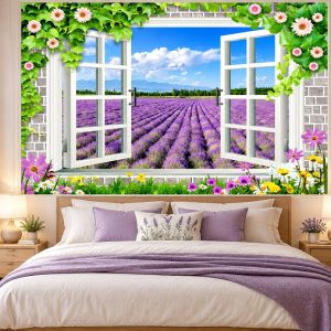 Tranh cửa sổ dán tường phòng ngủ cánh đồng hoa oải hương tím 41088