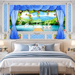 Tranh cửa sổ dán tường phòng ngủ hồ thiên nga phong cảnh sơn thủy 41173