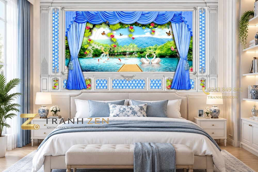 Tranh cửa sổ dán tường phòng ngủ hồ thiên nga phong cảnh sơn thủy 41173