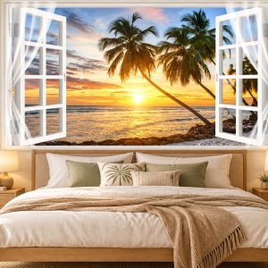Tranh cửa sổ dán tường phòng ngủ hoàng hôn biển cây dừa 40548