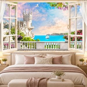 Tranh cửa sổ dán tường phòng ngủ lâu đài ven biển lãng mạn 35614