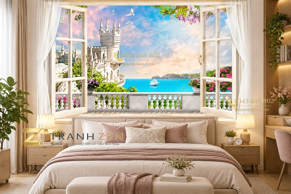 Tranh cửa sổ dán tường phòng ngủ lâu đài ven biển lãng mạn 35614