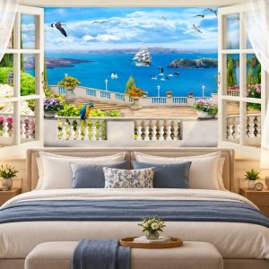Tranh cửa sổ dán tường phòng ngủ phong cảnh biển xanh du thuyền 35656