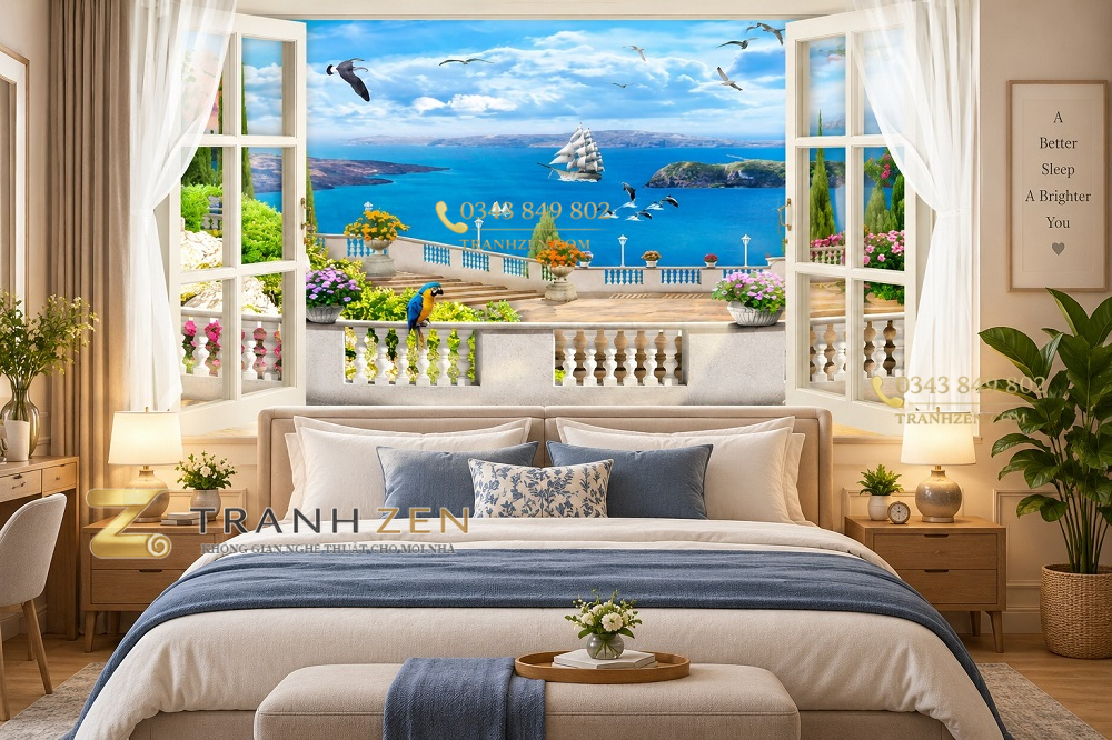 Tranh cửa sổ dán tường phòng ngủ phong cảnh biển xanh du thuyền 35656