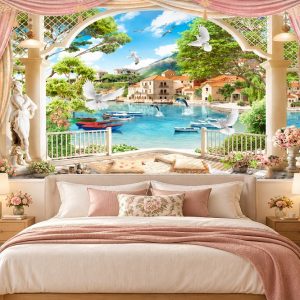 Tranh cửa sổ dán tường phòng ngủ phong cảnh ven biển địa trung hải lãng mạn 40599