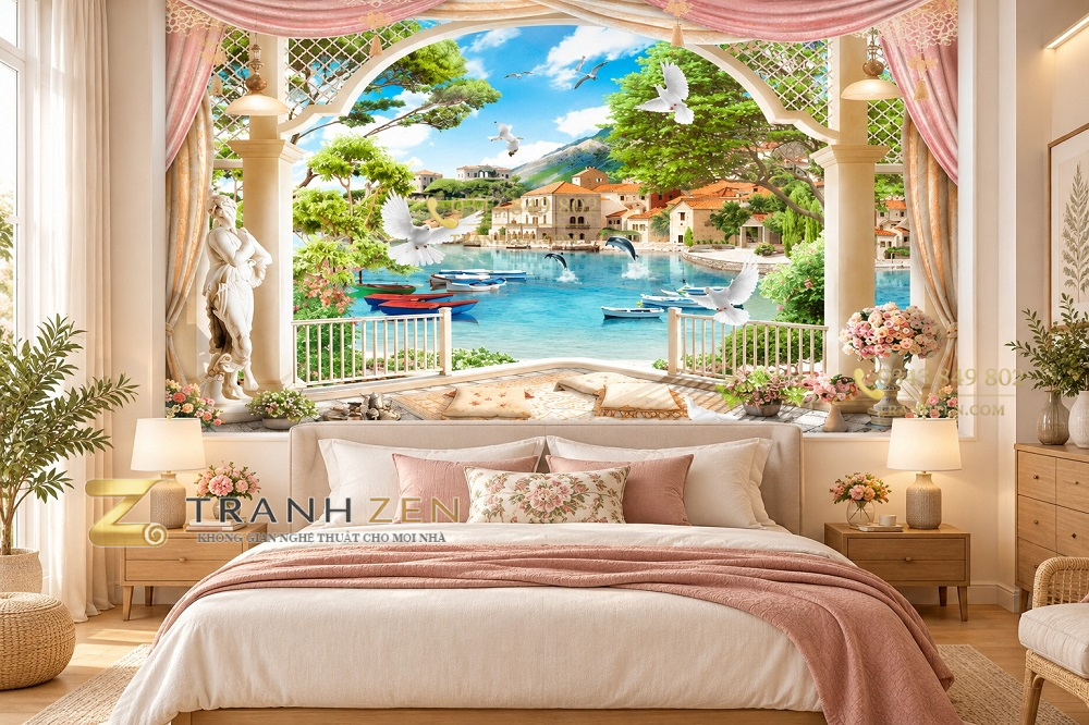 Tranh cửa sổ dán tường phòng ngủ phong cảnh ven biển địa trung hải lãng mạn 40599