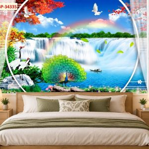 Tranh cửa sổ dán tường phòng ngủ thác nước chim công và hạc 34335