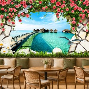 Tranh cửa sổ dán tường quán cafe biển đảo hoa hồng lãng mạn 33749