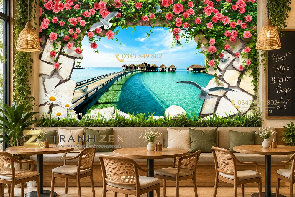 Tranh cửa sổ dán tường quán cafe biển đảo hoa hồng lãng mạn 33749