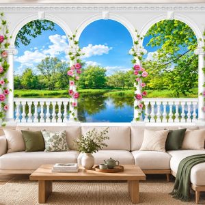 Tranh cửa sổ vòm dán tường phòng khách hồ nước cây xanh hoa hồng 40472