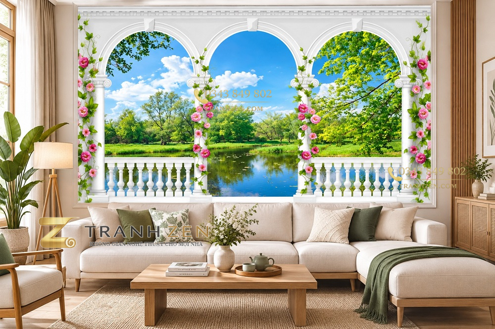 Tranh cửa sổ vòm dán tường phòng khách hồ nước cây xanh hoa hồng 40472