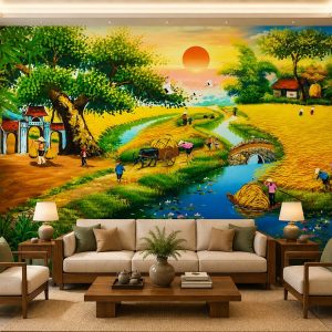 Tranh dán tường đồng quê phòng khách cánh đồng lúa vàng bến sông 30604