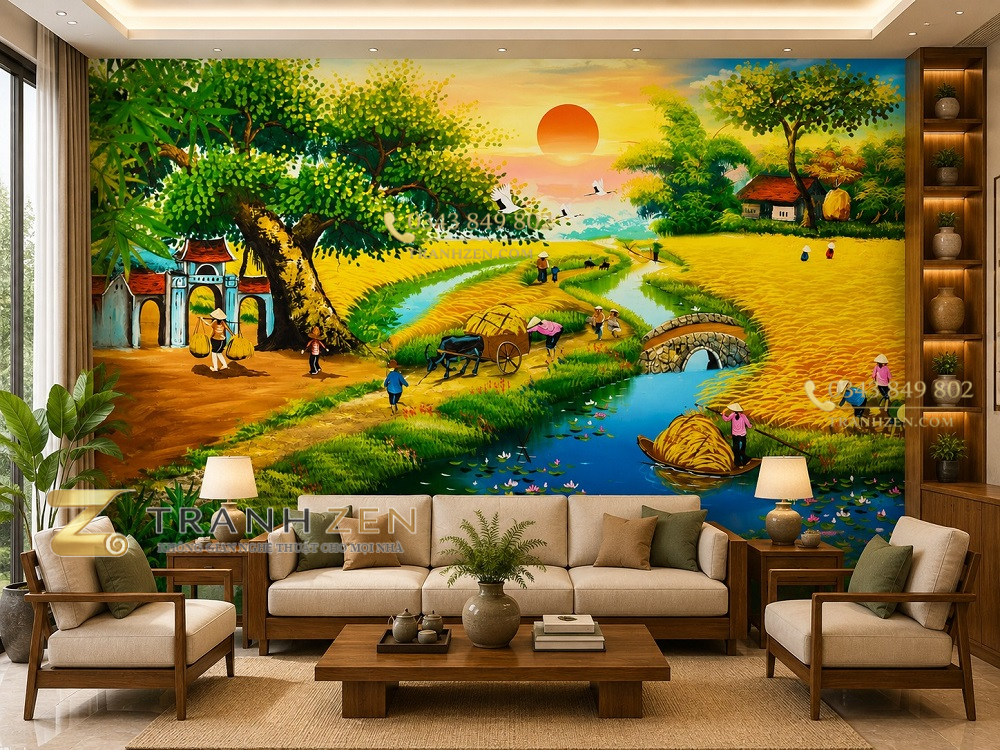 Tranh dán tường đồng quê phòng khách cánh đồng lúa vàng bến sông 30604