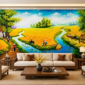 Tranh dán tường đồng quê phòng khách cánh đồng lúa vàng sông quê 10625