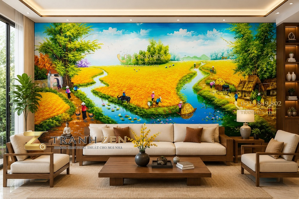 Tranh dán tường đồng quê phòng khách cánh đồng lúa vàng sông quê 10625