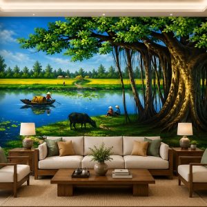 Tranh dán tường đồng quê phòng khách cây đa bến nước con trâu 30559