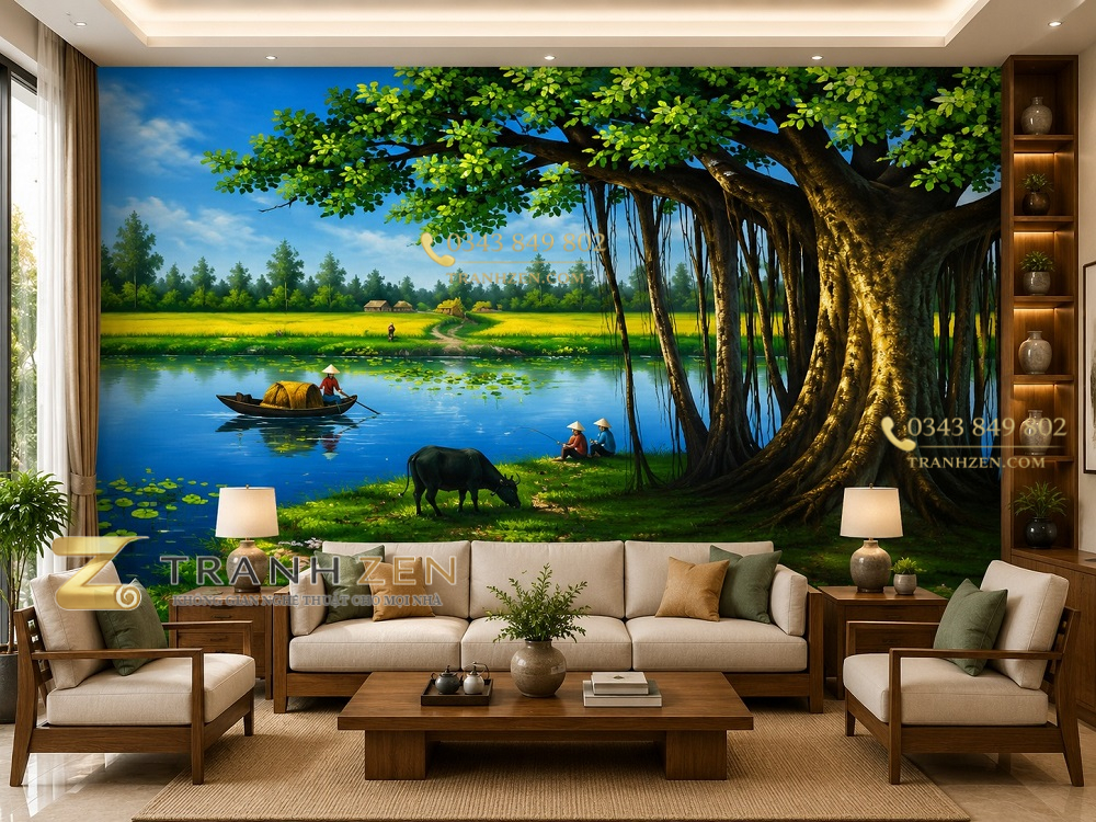Tranh dán tường đồng quê phòng khách cây đa bến nước con trâu 30559