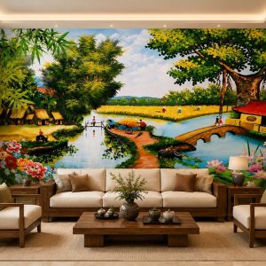 Tranh dán tường đồng quê phòng khách cây đa bến nước hoa sen 30191