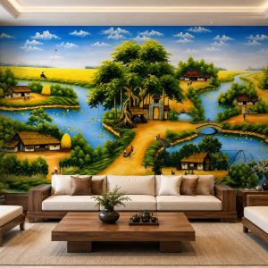 Tranh dán tường đồng quê phòng khách cây đa bến nước làng quê việt 10428