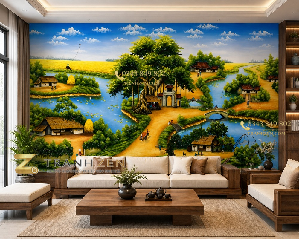 Tranh dán tường đồng quê phòng khách cây đa bến nước làng quê việt 10428