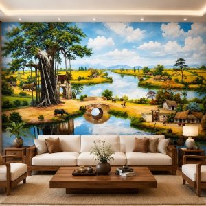 Tranh dán tường đồng quê phòng khách cây đa bến nước làng việt 10720