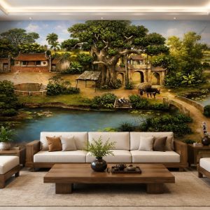 Tranh dán tường đồng quê phòng khách cây đa cổng làng cổ 10455
