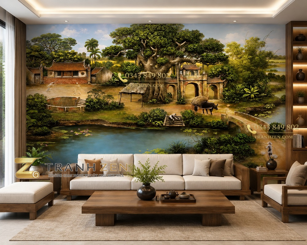 Tranh dán tường đồng quê phòng khách cây đa cổng làng cổ 10455