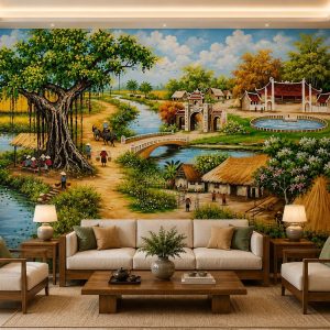 Tranh dán tường đồng quê phòng khách cây đa cổng làng đình quê 30529