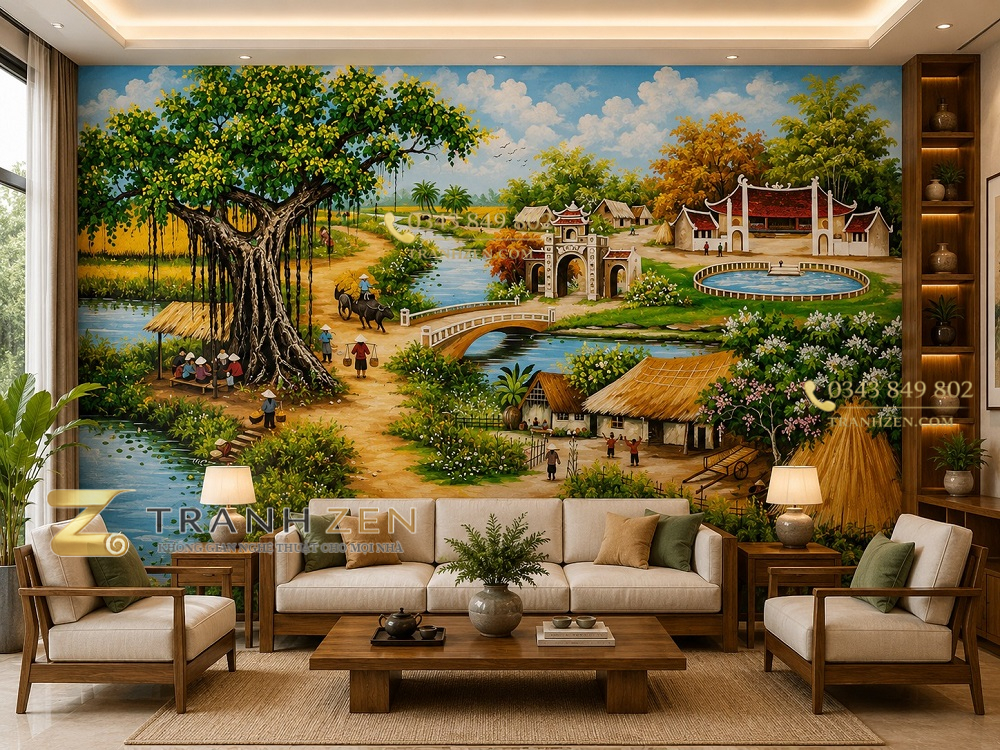 Tranh dán tường đồng quê phòng khách cây đa cổng làng đình quê 30529