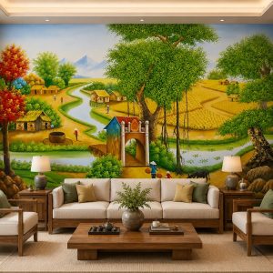 Tranh dán tường đồng quê phòng khách cây đa cổng làng mùa lúa chín 30222