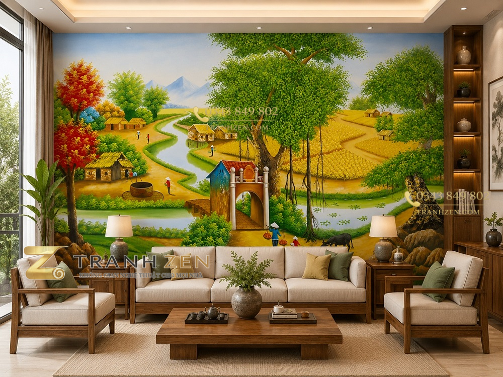 Tranh dán tường đồng quê phòng khách cây đa cổng làng mùa lúa chín 30222