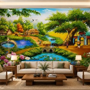 Tranh dán tường đồng quê phòng khách cây đa cổng làng sông nước 30193