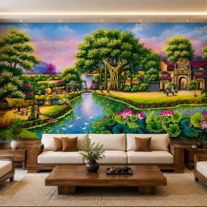 Tranh dán tường đồng quê phòng khách cây đa hồ sen cổng làng 10492