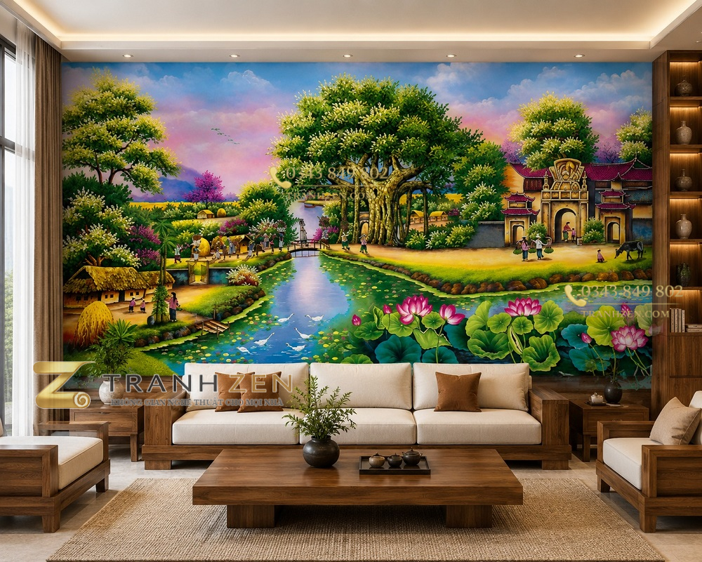 Tranh dán tường đồng quê phòng khách cây đa hồ sen cổng làng 10492