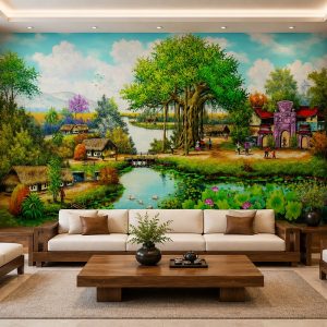 Tranh dán tường đồng quê phòng khách cây đa hồ sen làng việt 10480