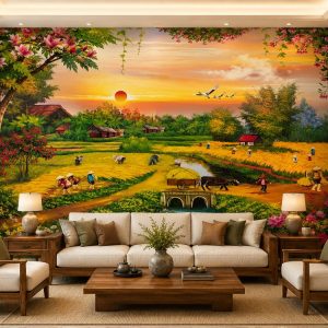 Tranh dán tường đồng quê phòng khách hoàng hôn cánh đồng lúa 30192