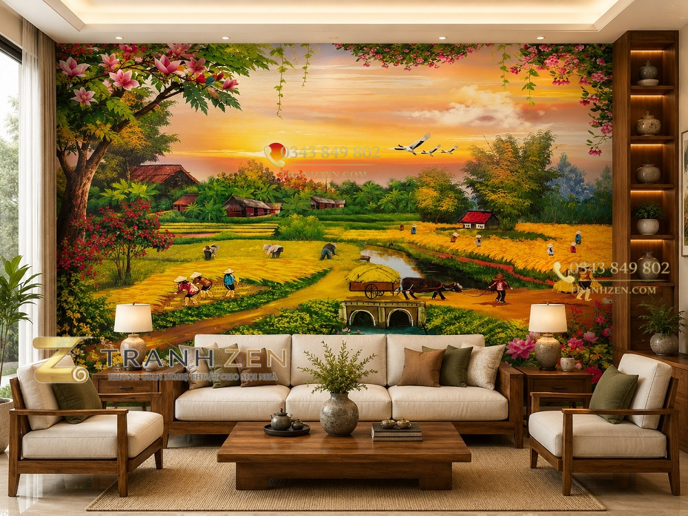 Tranh dán tường đồng quê phòng khách hoàng hôn cánh đồng lúa 30192