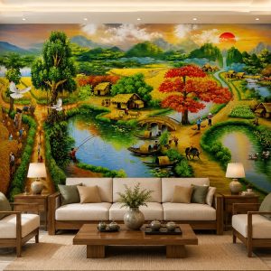 Tranh dán tường đồng quê phòng khách hoàng hôn sông nước làng việt 30234