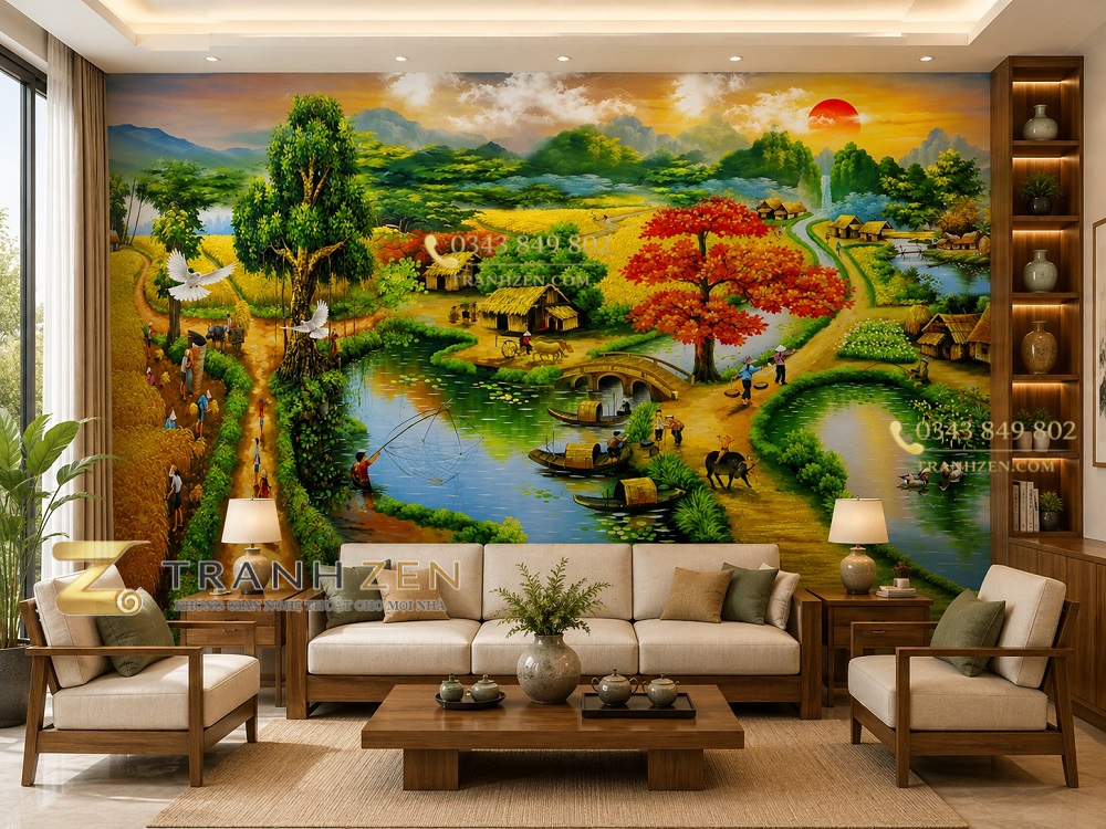 Tranh dán tường đồng quê phòng khách hoàng hôn sông nước làng việt 30234