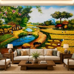 Tranh dán tường đồng quê phòng khách mùa gặt cánh đồng lúa vàng 30203