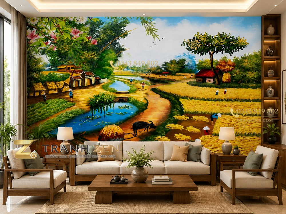 Tranh dán tường đồng quê phòng khách mùa gặt cánh đồng lúa vàng 30203