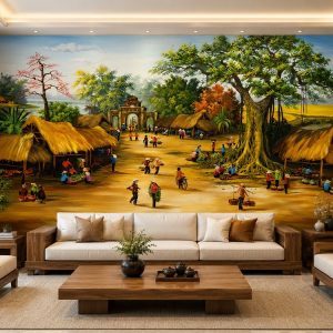 Tranh dán tường đồng quê phòng khách phiên chợ làng việt xưa 10494