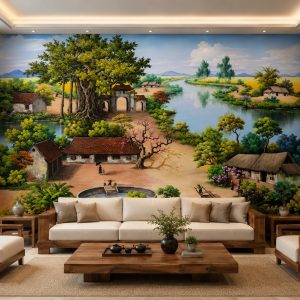 Tranh dán tường đồng quê phòng khách sông nước làng quê thanh bình 10496