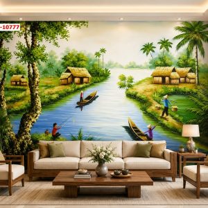 Tranh dán tường đồng quê phòng khách sông nước miền quê thanh bình 10777