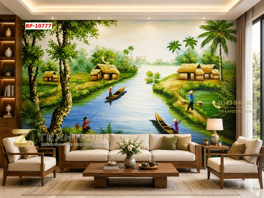 Tranh dán tường đồng quê phòng khách sông nước miền quê thanh bình 10777