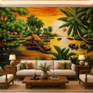 Tranh dán tường đồng quê phòng khách sông nước miền tây hoàng hôn 30498